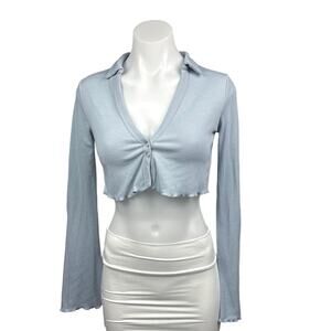 Adika Blue Ribbed Knit Snap Button Collared Long Sleeve Crop Top Shirt Blouse XS